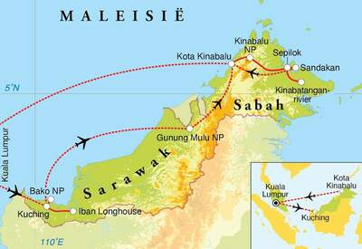Routekaart Rondreis Maleisisch Borneo, Sabah & Sarawak, 20 dagen