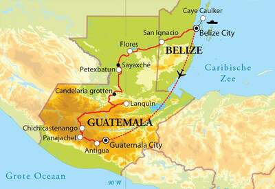 Routekaart Rondreis Guatemala & Belize, 19 dagen