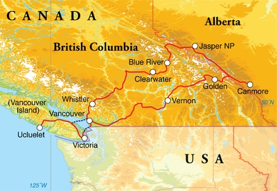 Routekaart Rondreis Canada, 19 dagen hotelreis