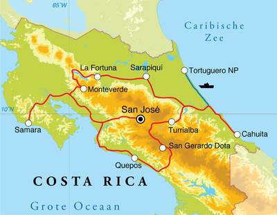 Routekaart Rondreis Costa Rica, 21 dagen