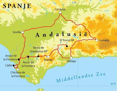 Routekaart Rondreis Spanje (Andalusië), 12 dagen