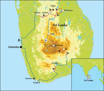 Routekaart Fietsreis Sri Lanka, 15 dagen