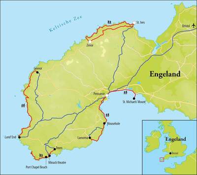 Routekaart Wandelreis Zuidwest Engeland (Cornwall), 8 dagen