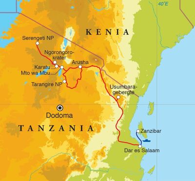 Routekaart Rondreis Tanzania & Zanzibar, 15 dagen lodge/kampeerreis