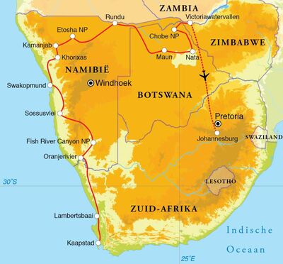 Routekaart Rondreis Zuid-Afrika, Botswana, Namibië & Victoriawatervallen, 24 dagen hotel/lodgereis