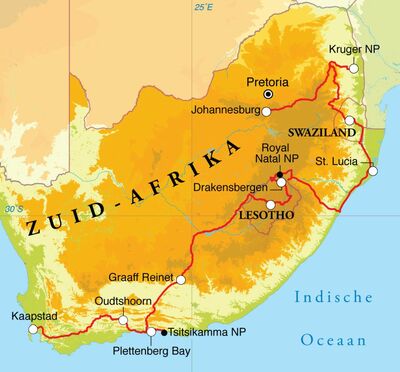 Routekaart Rondreis Zuid-Afrika, Lesotho & Swaziland, 22 dagen hotel/chaletreis