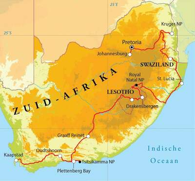 Routekaart Rondreis Zuid-Afrika, Lesotho & Swaziland, 22 dagen hotel/chaletreis