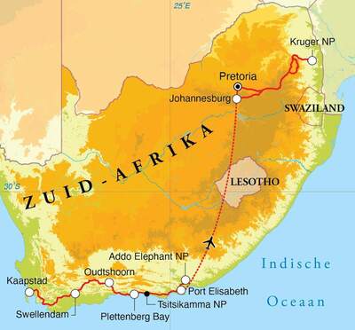 Routekaart Rondreis Zuid-Afrika, 15 dagen