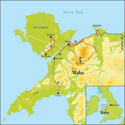 Routekaart Fietsvakantie Wales, 8 dagen