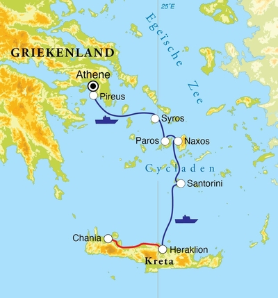 Routekaart Rondreis Griekse eilanden: Cycladen & Kreta, 14 dagen