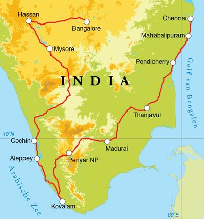 Routekaart Rondreis Zuid-India, 22 dagen