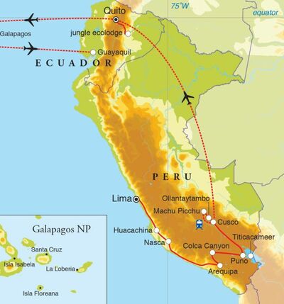 Routekaart Rondreis Peru, Ecuador & Galapagos, 27 dagen 