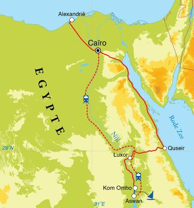 Routekaart Rondreis Egypte, woestijnen, Nijlvallei en Rode Zee, 20 dagen