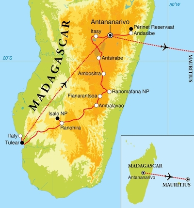 Routekaart Rondreis Madagaskar & Mauritius, 23 dagen