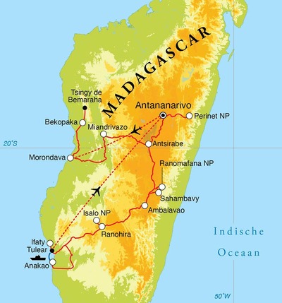 Routekaart Rondreis Madagaskar, 24 dagen