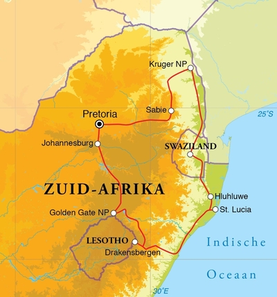 Routekaart Rondreis Zuid-Afrika Noord & Swaziland, 15 dagen