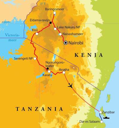 Routekaart Rondreis Kenia, Tanzania & Zanzibar, 21 dagen hotel/lodgereis