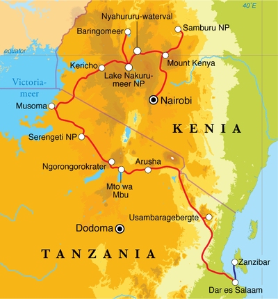 Routekaart Rondreis Kenia, Tanzania & Zanzibar, 21 dagen kampeerreis