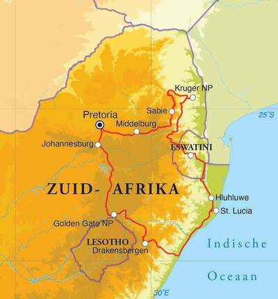 Routekaart Rondreis Zuid-Afrika Noord & Swaziland, 15 dagen