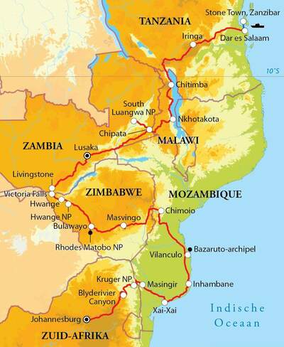 Routekaart Rondreis Afrika, 40 dagen