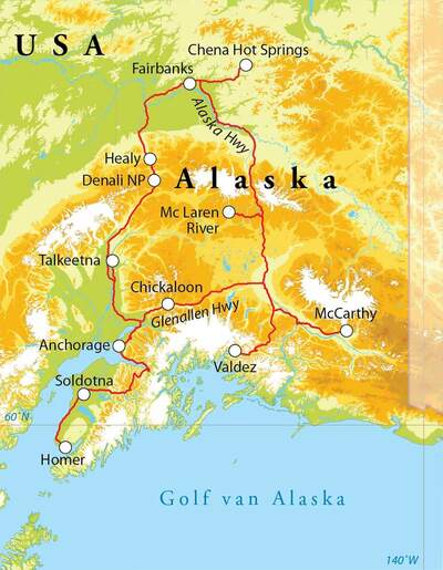 Routekaart Rondreis Alaska, 21 dagen hotel/cabinreis