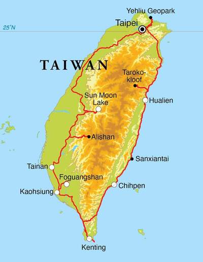 Routekaart Rondreis Taiwan, 17 dagen