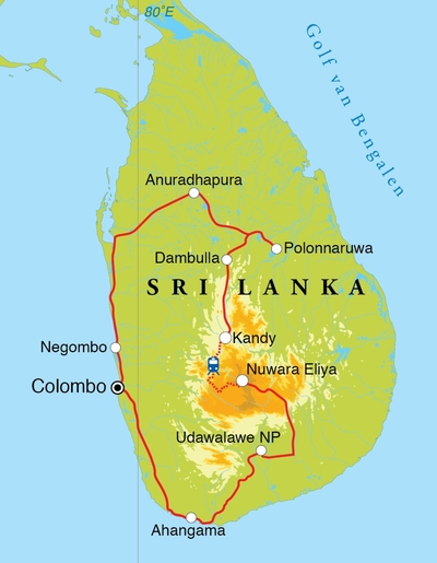 Routekaart Rondreis Sri Lanka, 15 dagen