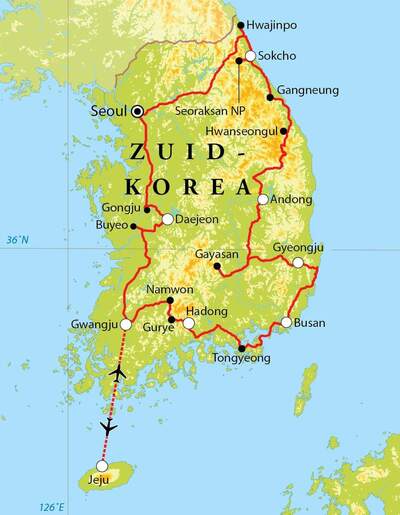 Routekaart Rondreis Zuid-Korea met Jeju, 21 dagen