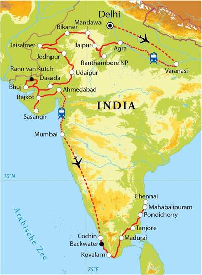 Routekaart Rondreis India, 40 dagen