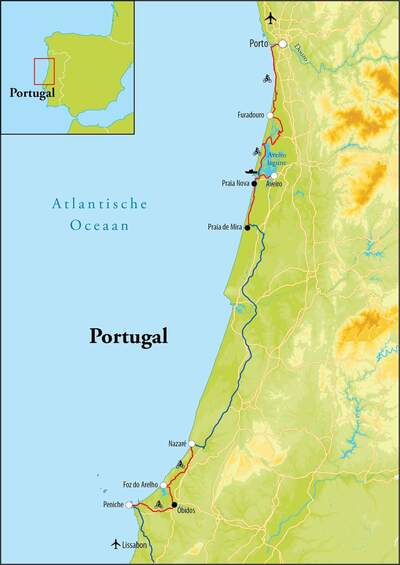 Routekaart Fietsreis Porto naar Lissabon, 8 dagen