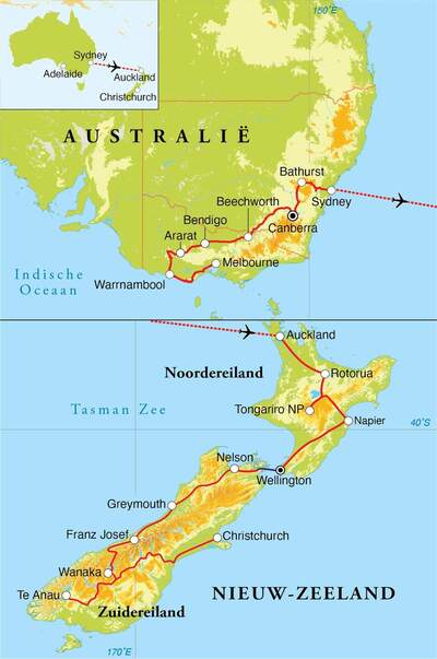 Routekaart Rondreis Australië & Nieuw-Zeeland, 30 dagen