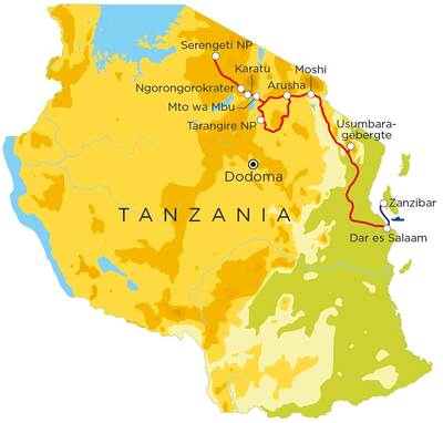 Routekaart Tanzania & Zanzibar, 21 dagen