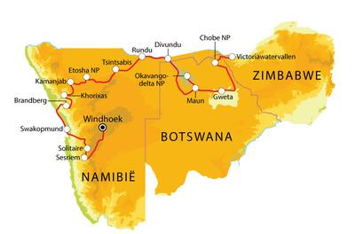Routekaart Namibië, Botswana & Victoriawatervallen, 22 dagen