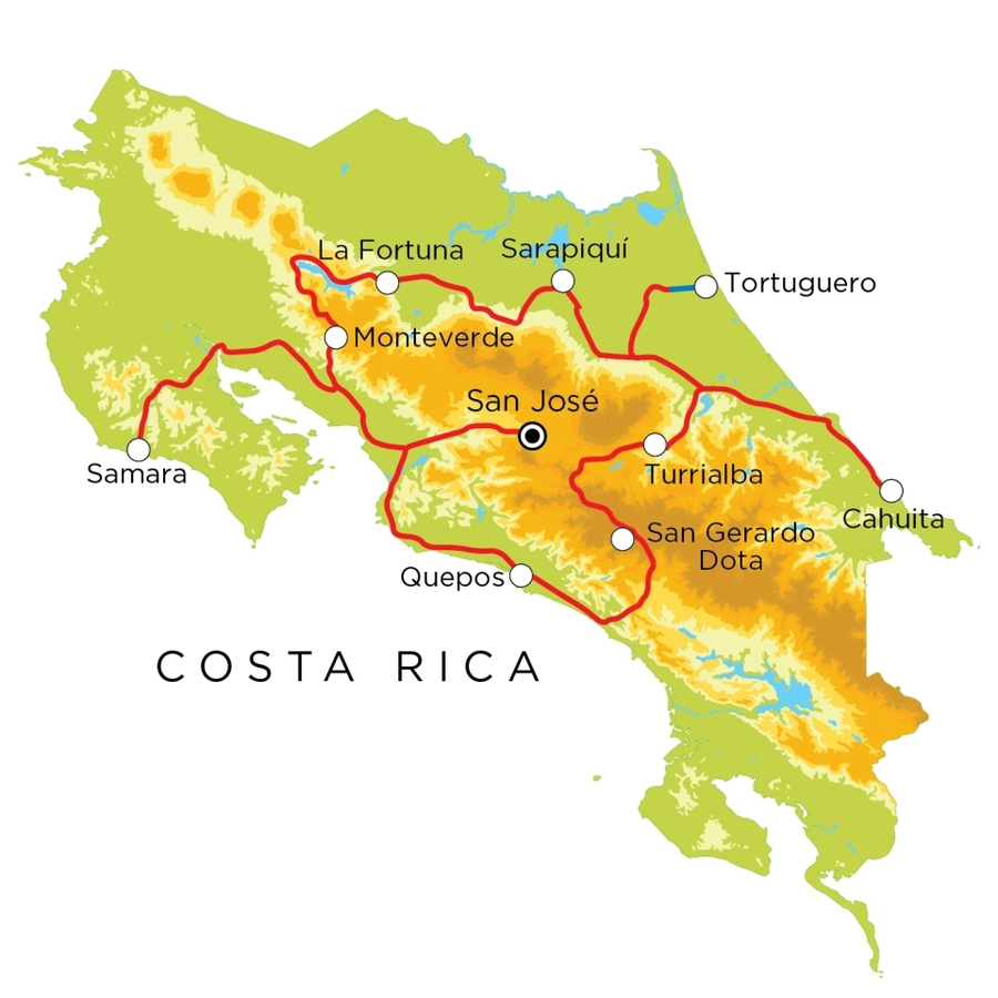 Routekaart Costa Rica, 19 dagen