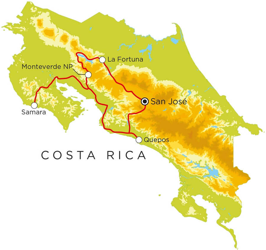 Routekaart Costa Rica, 14 en 16 dagen