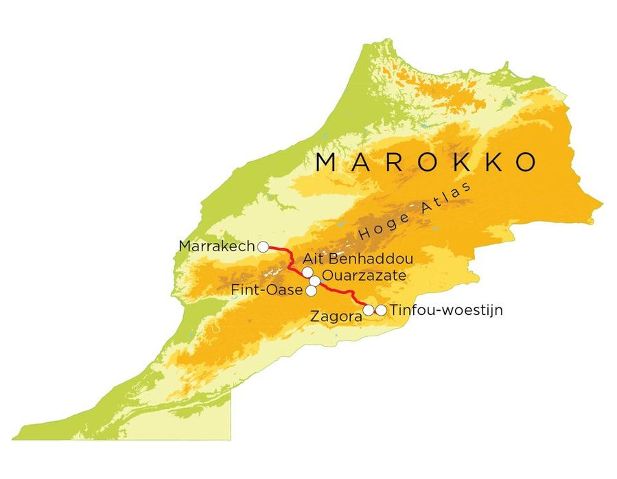 Routekaart Marokko (woestijn en Marrakech), 8 dagen