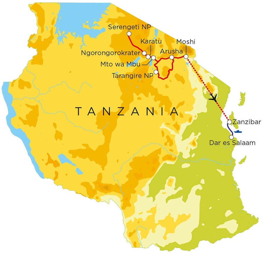 Routekaart Tanzania & Zanzibar, 15 dagen