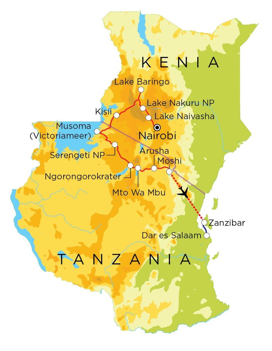 Routekaart Kenia, Tanzania & Zanzibar, 21 dagen