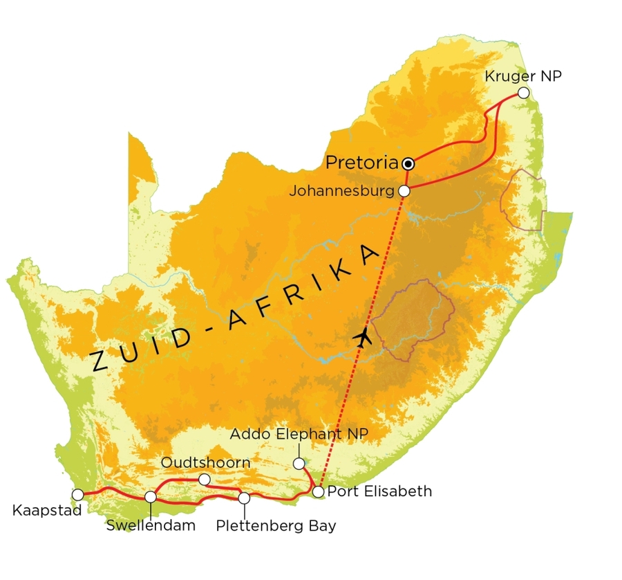 Routekaart Zuid-Afrika Tuinroute en Kruger nationaal park, 15 dagen